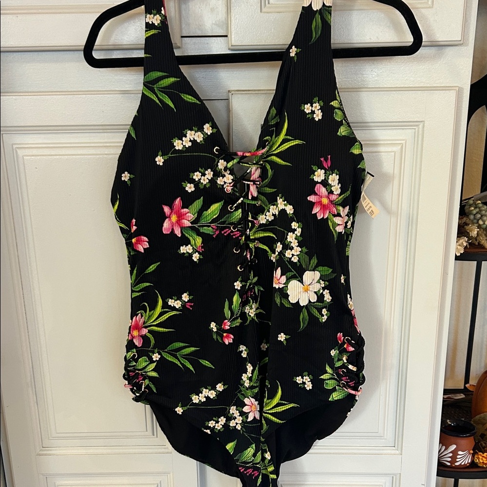 New Elegant Floral Black One Piece Swimsuit